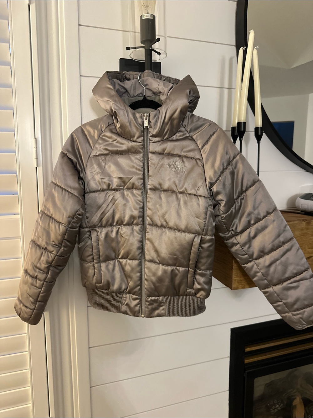 The North Face Girls' Shiny Silver Hooded Puffer Jacket